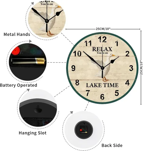 Vista 2 de Reloj de pared de madera de 10 pulgadas Relax You're on Lake Time con pato, funciona con pilas y manecillas de metal, reloj de pared