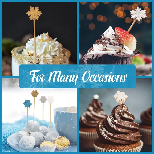 Vista 2 de BambooMN - Pinchos de bambú con copos de nieve para aperitivos y postres y cócteles - 3.9" (10 cm) - Azul, Blanco, Oro, Plata - 100 piezas
