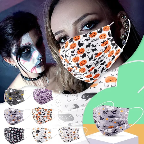 Vista 6 de 50 cubrebocas desechables de Halloween para adultos, uso diario, 3 capas, cubrebocas protectores con diseño de calabaza para regalo de fiesta