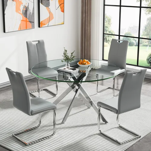 Vista 93 de HomVent Juego de mesa de comedor redonda de vidrio de 3 piezas, juego de mesa de cocina de vidrio redondo para 2 personas con 2 sillas de comedor