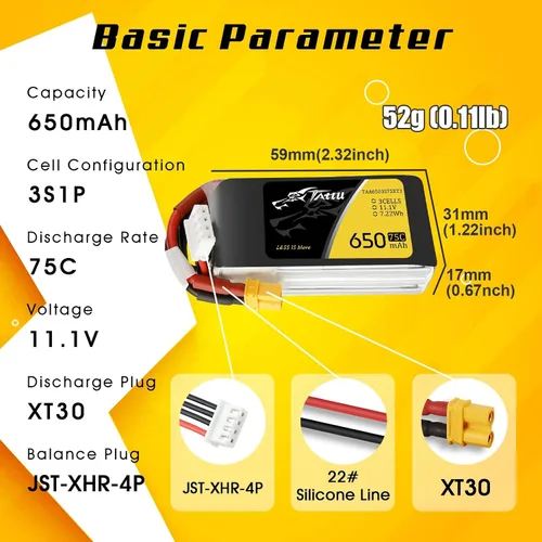 Vista 2 de TATTU Paquete de baterías Lipo 3S1P 75C 11.1V 650mAh con enchufe XT30 (2 piezas)