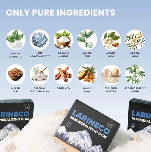 Vista 6 de Larineco - Goma de mascar remineralizante con nanohidroxiapatita y xilitol - Goma de xilitol sin azúcar, sin plástico, sin colorantes, sin