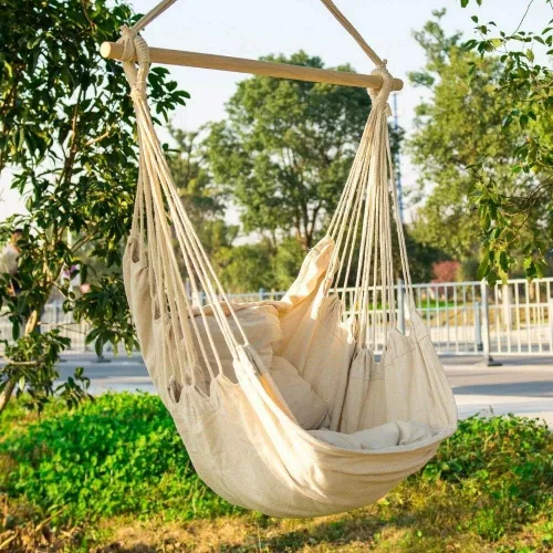 Vista 6 de Silla hamaca colgante de cuerda para interiores y exteriores, columpio de hamaca de tejido de algodón resistente, máximo 300 libras