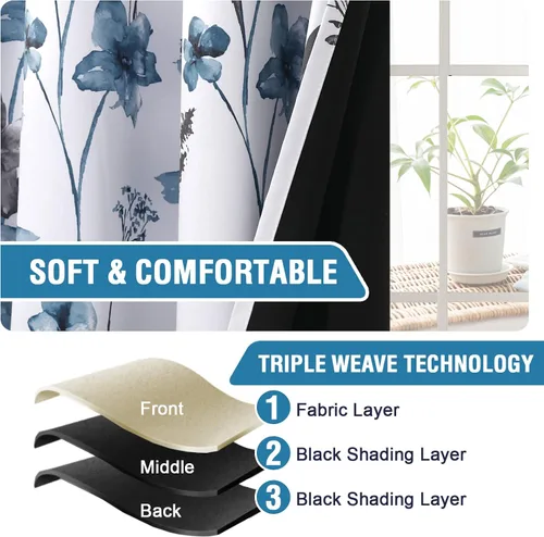 Vista 5 de H.VERSAILTEX Cenefas de cortina 100% opacas para ventanas de cocina, juego de 2 paneles de Cattleya con estampado floral Leah con aislamiento