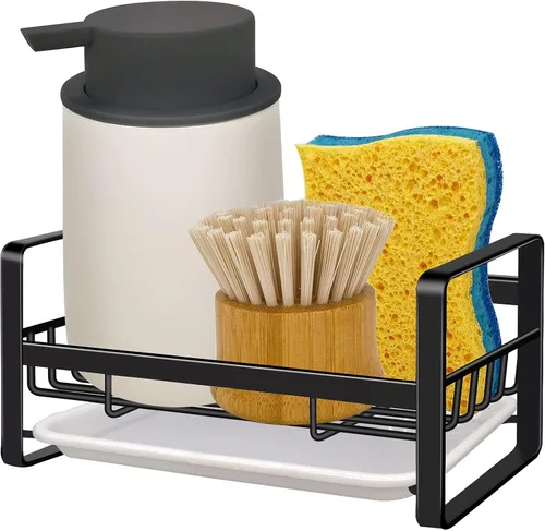 Vista 8 de VANTEN Organizador de fregadero de cocina, organizador de fregadero plateado, dispensador de esponja/jabonera con soporte para cepillo, montaje