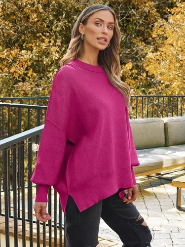 Vista 135 de Lillusory - Suéter extragrande con mangas de murciélago y cuello redondo para mujer, prenda moderna de otoño de tejido de punto sin botones
