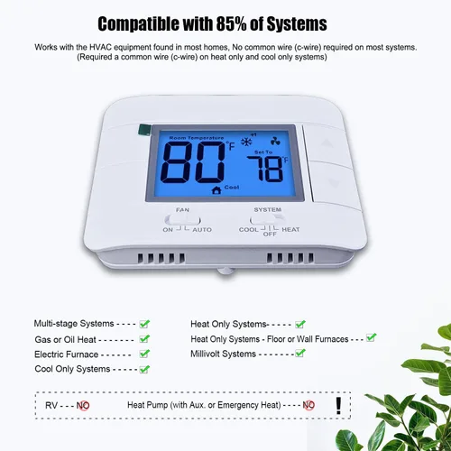 Vista 5 de Termostato no programable para el hogar - Multietapa 2H/2C, con gran pantalla LCD de temperatura y humedad ambiente