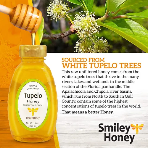 Vista 3 de Smiley Honey - 100% miel de tupelo cruda y sin filtrar (16 oz)