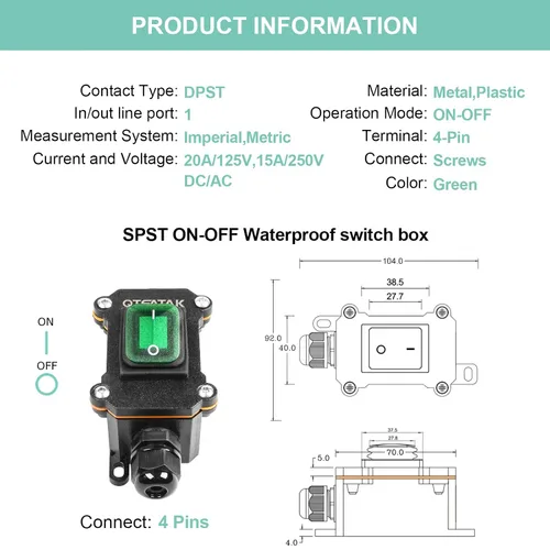 Vista 4 de Interruptor de cable en línea DPST 4 pines AC/DC 20A-125V, 16A-250V, 30A-24V, 35A-12V, interruptor de palanca de encendido y apagado impermeable