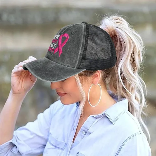 Vista 3 de Vinpress Sombrero de cola de caballo de cáncer de mama para mujer, gorra de béisbol con cinta bordada ajustable