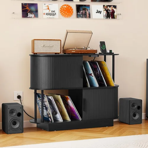 Vista 9 de Soporte moderno para tocadiscos con almacenamiento de vinilo, soporte de almacenamiento para tocadiscos negro de 40 pulgadas con puerta corredera