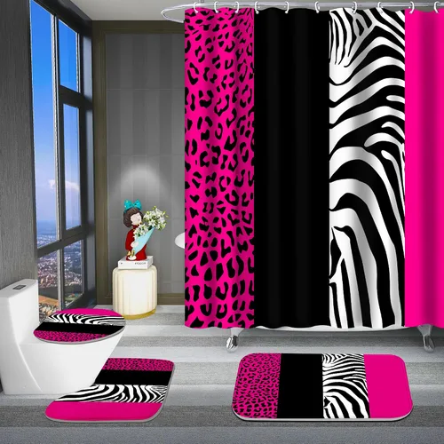 Vista 8 de Poedist - Juego de cortinas de ducha para baño, 4 piezas, diseño de leopardo azul brillante, incluye cortinas de ducha y tapetes para baño