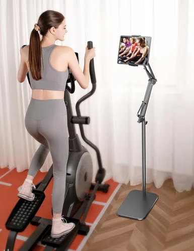 Vista 7 de Soporte de piso para tableta con base de metal pesado de 4.5 libras, soporte de teléfono elevado sobre la cama con ángulo y altura ajustables
