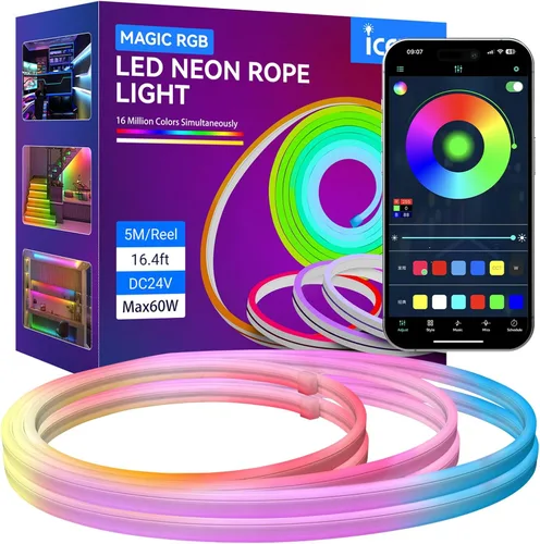 Vista 8 de Cuerda de neón direccionable de 16.4 pies y 16.4 ft, WS2811 RGB LED persiguiendo luces digitales MagicRGB cuerda de silicona impermeable cuerda