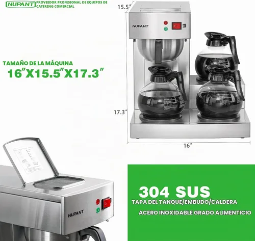 Vista 4 de NUPANT Cafetera comercial de 12 tazas, cafetera de goteo con 3 calentadores de placa y 3 decantadores de vidrio, cafetera comercial de acero