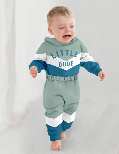 Vista 3 de Ropa para bebé niño, bloque de color, sudadera con capucha de gran tamaño, mameluco, pantalones largos, conjunto de trajes de otoño e invierno