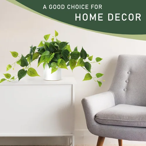 Vista 2 de Planta sintética en maceta, plantas decorativas de Pothos falsos con maceta de cerámica blanca para estante de escritorio, baño, decoración de sala