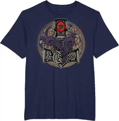 Vista 47 de Thors Hammer Mjolnir Huginn and Muninn Odin Raven - Camiseta, Negro, S