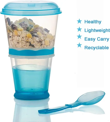 Vista 2 de INOGIH Cereal On the Go Tazas Desayuno-Taza portátil para bebidas Cereal To-Go Contenedor de taza con cuchara (azul)
