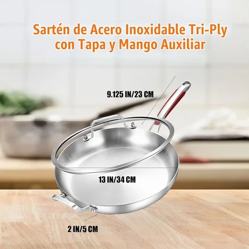 Vista 6 de Inqibee Sartén de acero inoxidable de 13 pulgadas, tricapa, con tapa y mango auxiliar, sartén, sartén de cocina de inducción, mango desmontable