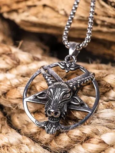 Vista 4 de HAQUIL Collar de Baphomet de acero inoxidable colgante de cabra sabbatic invertido cadena de caja
