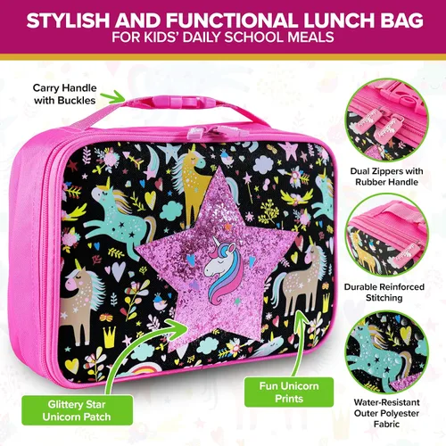 Vista 3 de Decorably Lonchera aislada de unicornio para niñas con diseño de parche de estrella brillante, fácil de limpiar, resistente al agua, con bolsillo