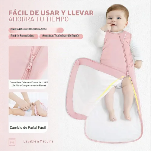 Vista 3 de HAPIU Saco de dormir unisex de rayón hecho de bambú TOG 1.0, cremallera premium de 2 vías, manta portátil para bebé Rubor