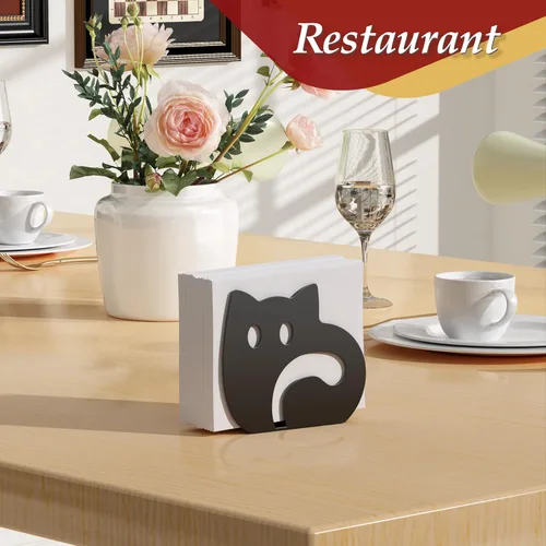 Vista 7 de Servilletero de gato autoajustable para mesa, moderno dispensador de servilletas de metal para cocina, comedor, servilleteros con material Negro