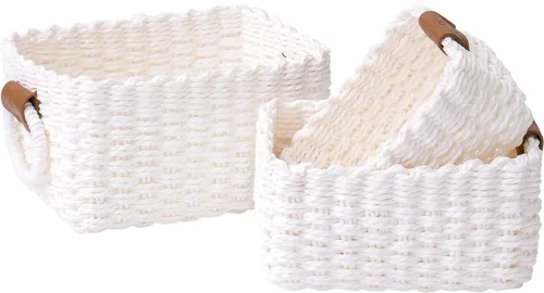 Vista 9 de LA JOLIE MUSE Pequeñas cestas de mimbre para organizar, contenedores de almacenamiento de cuerda de papel reciclado para estantes, armarios de baño