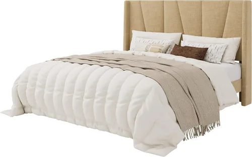 Vista 8 de SHA CERLIN Base de cama tamaño Queen con cabecera geométrica con respaldo de ala, plataforma tapizada con soporte de listones de madera, espacio