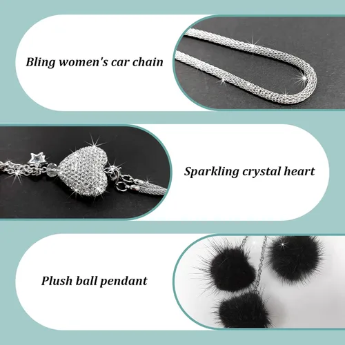 Vista 3 de Ziciner Accesorios de Interior de Coche con Diamantes Brillantes en Forma de Corazón - Adorno Colgante de Corazón y Bola de Felpa Rosa, Encanto