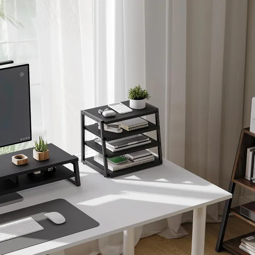 Vista 2 de Fenge Organizador de estante de escritorio, estante de escritorio de 4 niveles, estantes de oficina de madera y metal, organizador de archivos