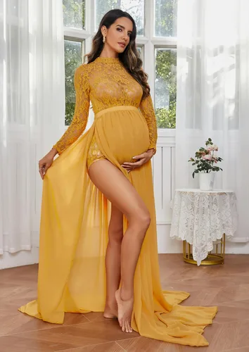 Vista 4 de ZIUMUDY Vestido de manga larga con encaje transparente para maternidad para fotografía con falda maxi de gasa para sesión de fotos