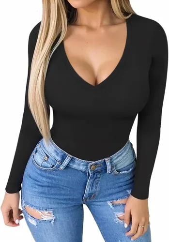 Vista 2 de MANGOPOP - Body sexy para mujer, manga larga, cuello en V profundo, para salir