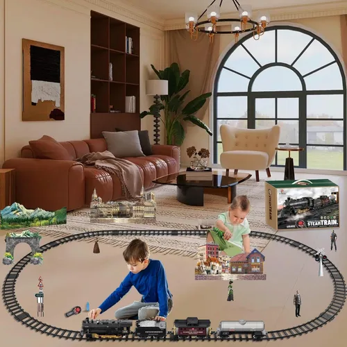 Vista 8 de Juego de tren eléctrico con control remoto de Navidad, locomotora de vapor, vagón de carga y pistas, juguetes de tren recargables para niños con 3