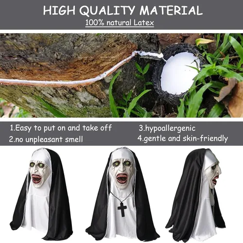 Vista 2 de Máscara espeluznante de monja de Halloween, para adultos, máscara aterradora de Halloween con colgante de cruz para fiestas de máscaras, casas