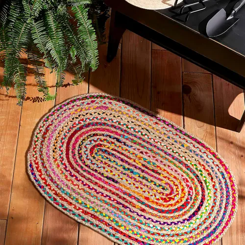 Vista 4 de Cotton Chindi - Alfombra de trapo, estilo bohemio, rústico, decorativa, tejida a mano, reversible, de algodón reciclado natural, para sala de estar