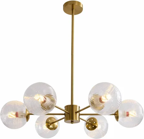 Vista 10 de BOKT Lámpara Colgante de Bola de Vidrio Verde Moderna de Mediados de Siglo Dorada de 6 Luces Globo Sputnik Candelabro Accesorio de Iluminación
