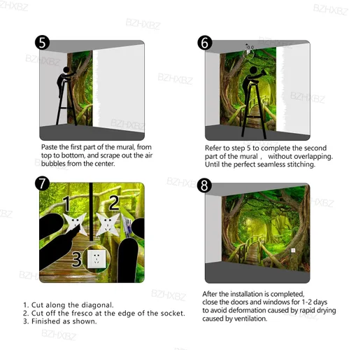 Vista 6 de Hermoso papel pintado de naturaleza verde con bosque grande, árbol gigante, paisajes de la jungla, murales de escenas de dormitorio, decoración
