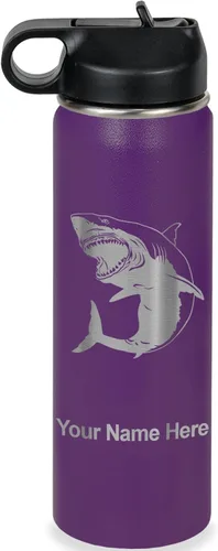 Vista 42 de LaserGram Botella de agua personalizada, gran tiburón blanco, acero inoxidable de doble pared aislada al vacío con popote superior, regalo grabado