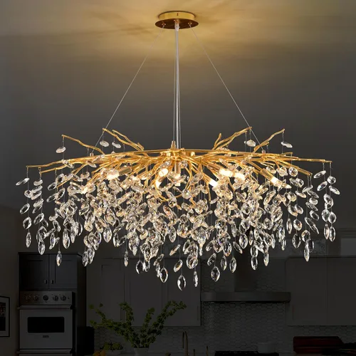 Vista 17 de Lámpara de araña moderna de cristal en forma de gota de lluvia, lámpara lineal negra rectangular de 40' de la serie Art Deco con forma de rama