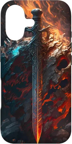 Vista 32 de Espada flameante y escudo el símbolo del guerrero Funda para iPhone 16