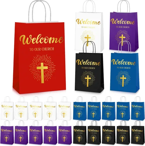 Vista 10 de Chuangdi 50 bolsas de regalo de bienvenida a la iglesia, bolsas de papel cristiano con asas para invitados, día de la madre, baby shower, Azul