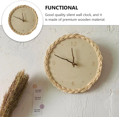 Vista 7 de Garneck Reloj de pared colgante de ratán, reloj silencioso de madera, reloj silencioso para sala de estar, reloj montado en la pared, reloj colgante