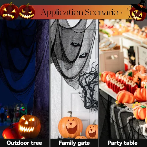 Vista 3 de Yobbai Paquete de 6 telas espeluznantes negras – Decoraciones de Halloween – Tela de algodón de 30 x 72 pulgadas – Tela espeluznante para casa