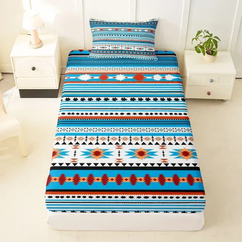 Vista 57 de Juego de ropa de cama de estilo bohemio occidental, tamaño individual, diseño de vaca atrapasueños, sábana bajera ajustable del suroeste, tribu