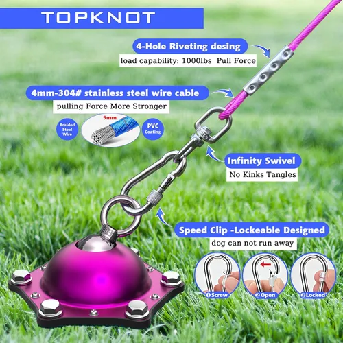 Vista 3 de TOPKNOT Cable de amarre y estaca para perros, (hasta 200 libras) Correa giratoria 360° para perros - Sin enredos, con cable de amarre resistente