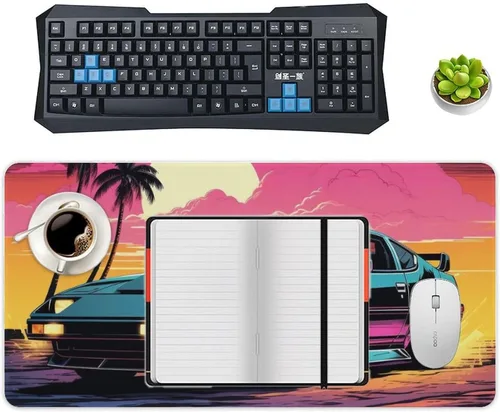 Vista 4 de Large Mouse Pad Classic Retro Sports Car Synthwave Sun Palm Trees Art Desk Mat Computer Accessories Gaming Office Organizers Supplies Decor