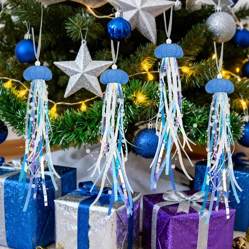 Vista 4 de Adornos de Navidad de Medusas Colgantes 4 Piezas para Adornos de Árbol de Navidad, Fiesta Temática de Sirena y Decoraciones de Fiesta Bajo el Mar
