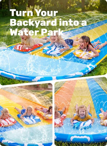 Vista 7 de Sloosh Tobogán acuático triple para césped de 22.5 x 82 pulgadas, agua de césped resistente con 3 tablas de cuerpo y rociador deslizante para niños